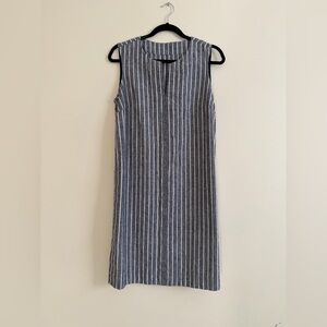 Striped Linen Sleeveless Midi Dress - Gray and White